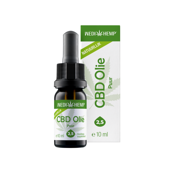 A bottle of Wedihemp Pure CBD Olie 2,5% with a dropper, positioned in front of its packaging.