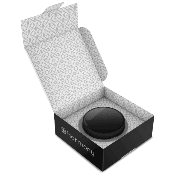 a black and white box with Harmony CBD Crystals (99% Pure CBD) inside.