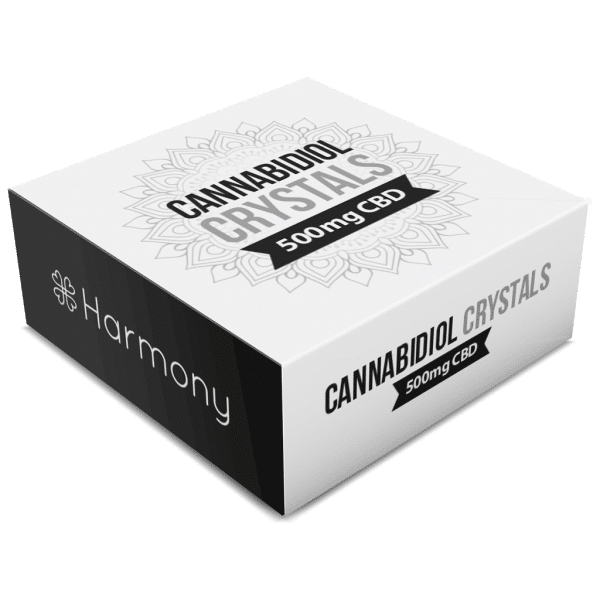 A white box with the Harmony CBD Crystals (99% Pure CBD) logo on it.