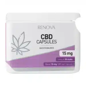 A white container of Renova CBD Capsules with a purple label and leaf design. Contains 30 capsules, each with 10 mg CBD (Renova CBD capsules 2.5%).