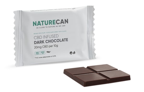 A CBD brownie - salted caramel and a packet of dark chocolate sit side by side.