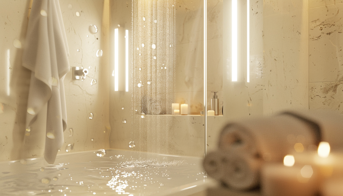 A modern bathroom features a running shower with water droplets, rolled towels, and lit candles on a ledge, creating a serene atmosphere with Hemptouch - Comforting Cream Body Wash (250ml).