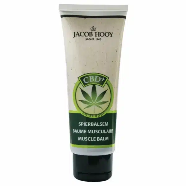 A 75ml tube of Jacob Hooy - CBD Muscle Balm featuring a cannabis leaf design on the label.